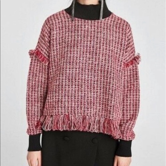 Zara Red Black Mock-Neck Tweed Fringe Pullover Sweater - Picture 7 of 9